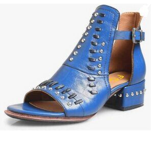 FSJ Blue Peep Open Toe Cut Out Buckle Ankle Bootie Stacked Block Low Heel Sandal